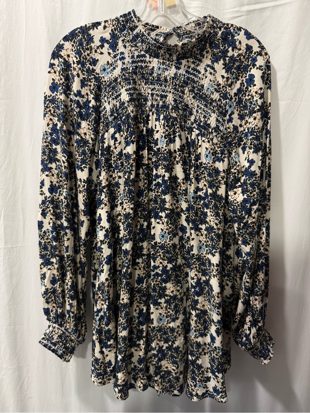 Free People Blue and Cream Floral Smocked Dress